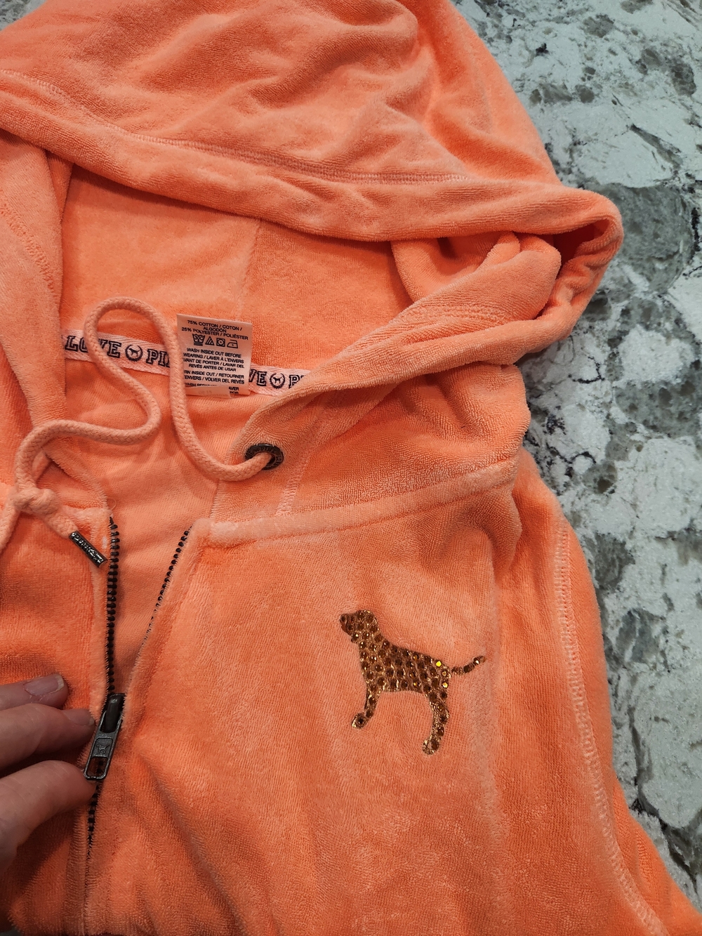 PINK Victoria's Secret Orange Sequin Dog Zip Hoodie - Picture 3 of 8